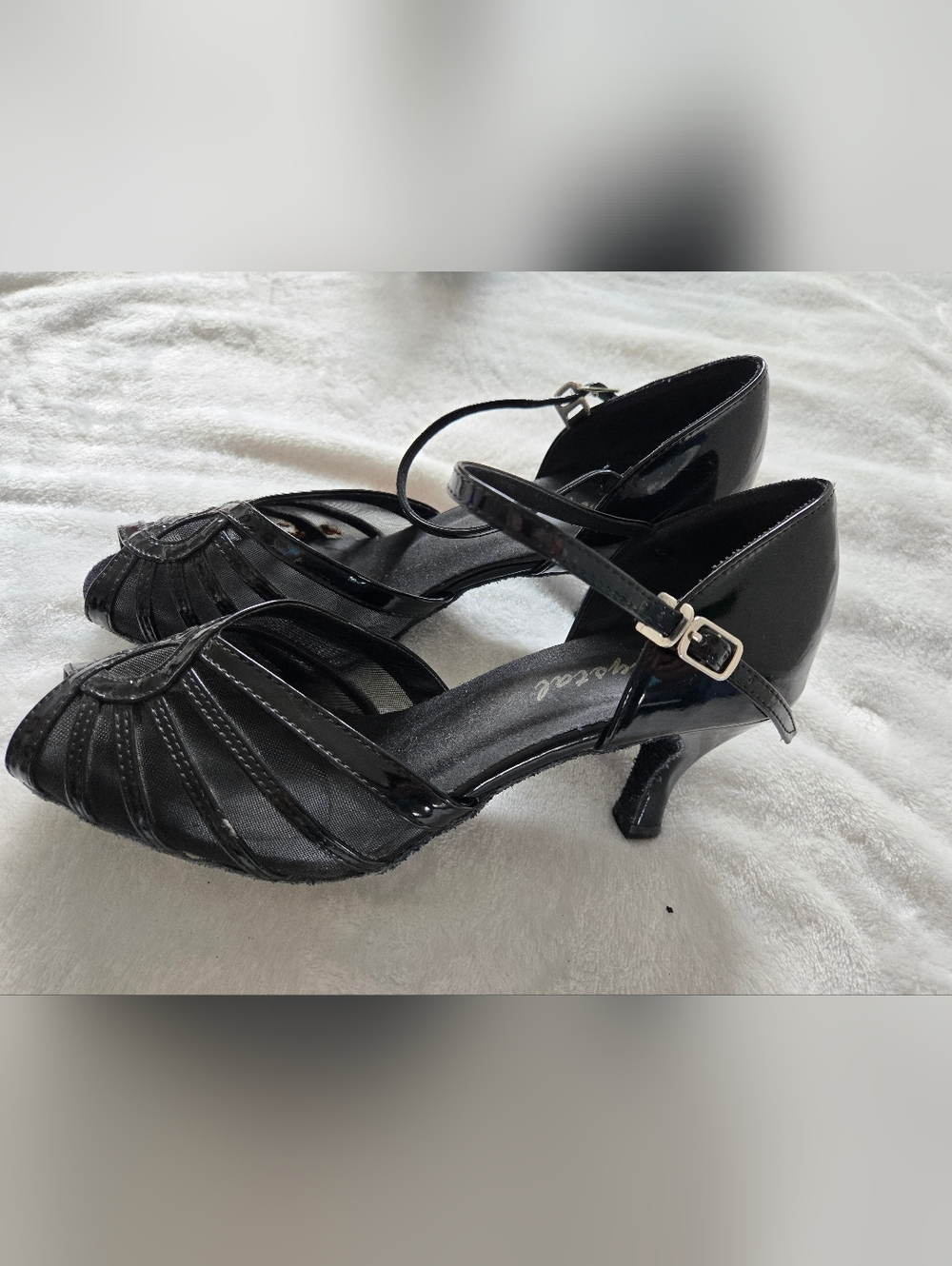 Black Patent Strappy Mid-Heel Dance Shoes with Ankle Buckle